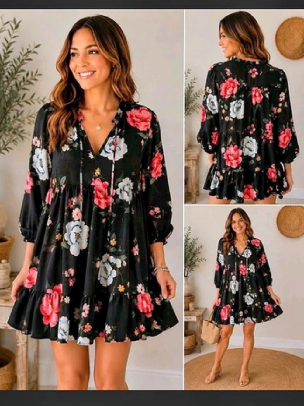 Old Navy Long-Sleeve Floral Tie-Neck Swing Dress Predominantly Black & Pink